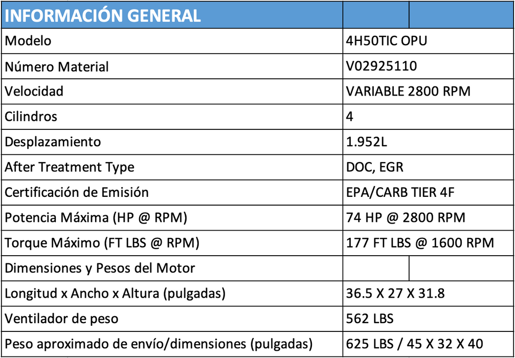 Motor hatz 4H50TIC OPU, 74 HP velocidad variable 2800 RPM